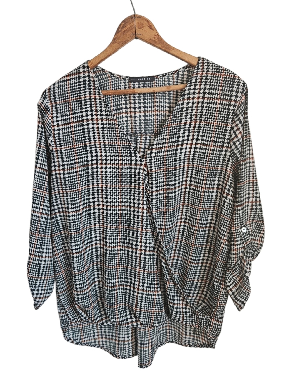 West Kei Black, Cream, Rust and Hunter Green Checked Top, Large